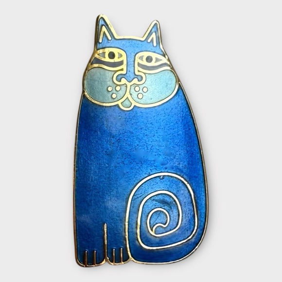 Vintage Laurel Burch Olivia Blue Cat Brooch Enamel Cloisonné - Picture 1 of 3